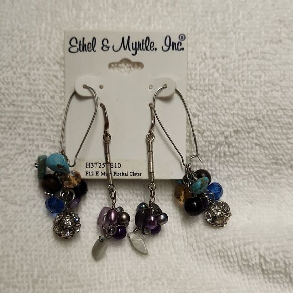 Ethel & Myrtle 2 sets Beaded Silver Toned Earrings 3" Tasseled Multicolored - Picture 1 of 5